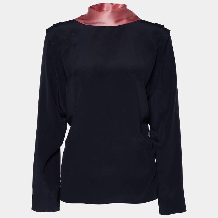 Pre Owned Roksanda Navy Blue Silk Contrast Neck Tie Detail Aulna Top M