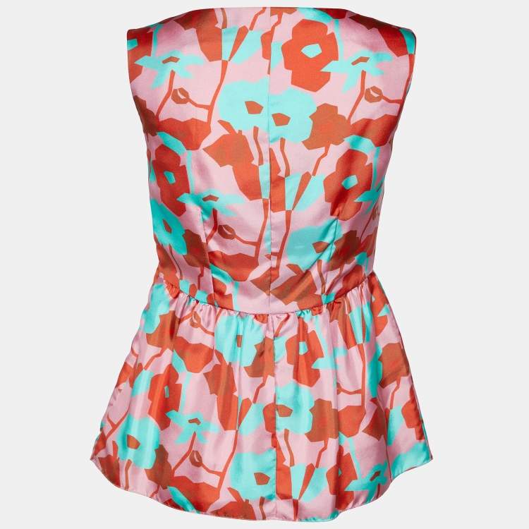 Pre Owned Roksanda Ilincic Red Floral printed Silk Sleeveless Peplum Top S