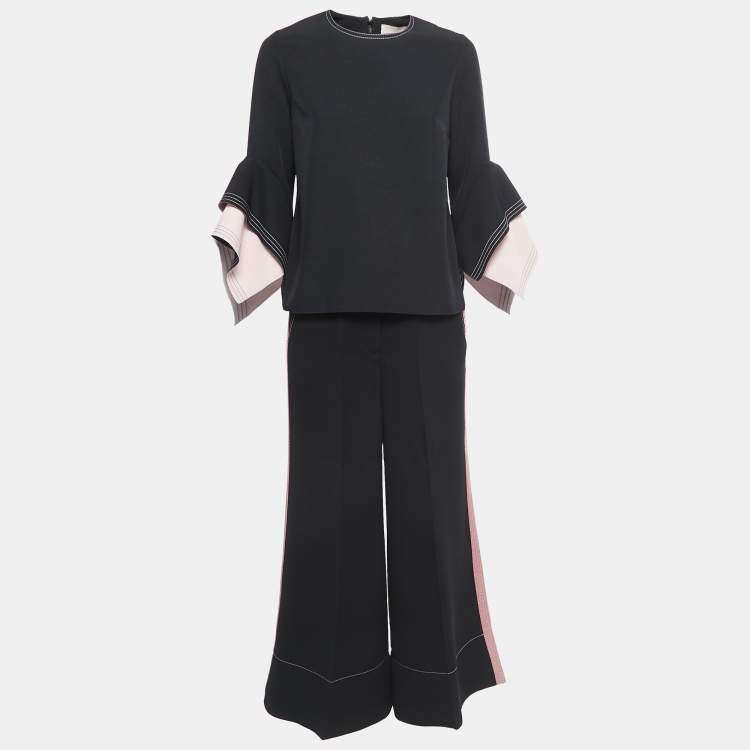 Pre Owned Roksanda Ilincic Black Silk Contrast Trimmed Pant Top Set M