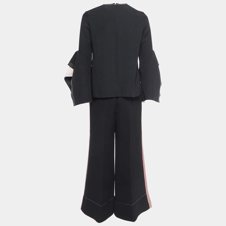 Pre Owned Roksanda Ilincic Black Silk Contrast Trimmed Pant Top Set M
