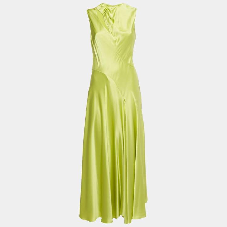 Pre Owned Roksanda Acid Green Satin Flared Maxi Dress M