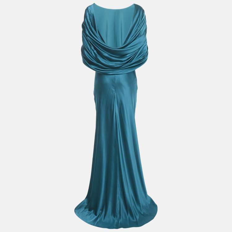 Pre Owned Roksanda Teal Blue Satin Draped Detail Gown M