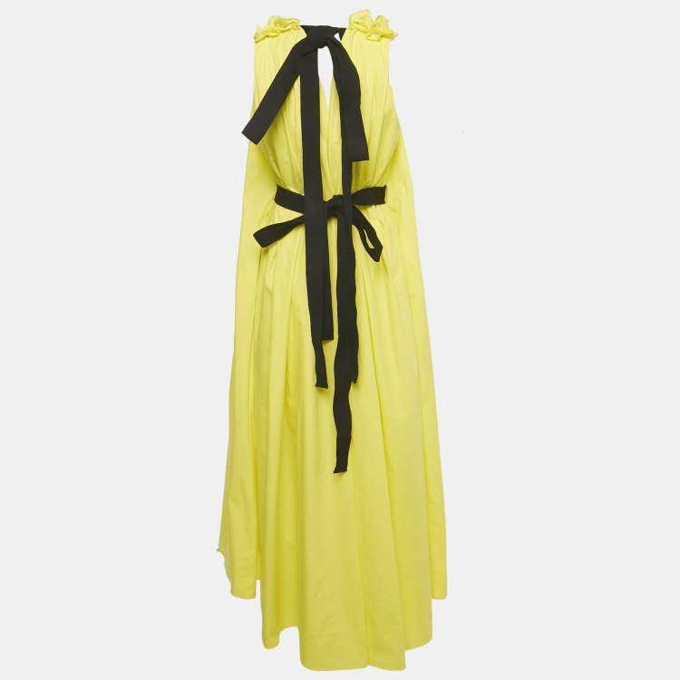 Pre Owned Roksanda Yellow Poplin Shirring Trim Flared Long Dress M
