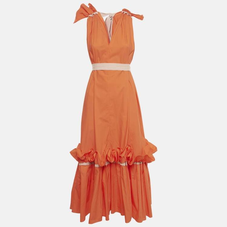 Pre Owned Roksanda Orange Poplin Gathered Flounce Maxi Dress S