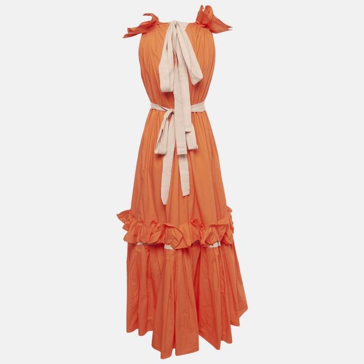 Pre Owned Roksanda Orange Poplin Gathered Flounce Maxi Dress S