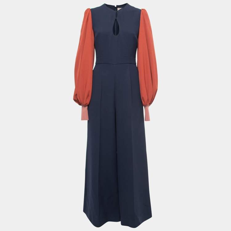 مملوكة مسبقًا Roksanda Navy Blue Crepe Contrast Balloon Sleeve Wide Leg Jumpsuit M