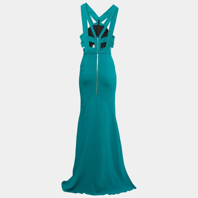Pre Owned Roland Mouret Persian Green Stretch Crepe Cut-Out Luzon Gown M