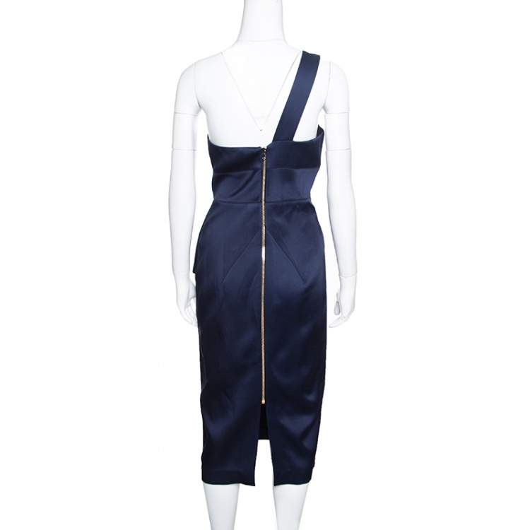 Pre Owned Roland Mouret Navy Blue Satin Half Peplum Anerley One Shoulder Dress L