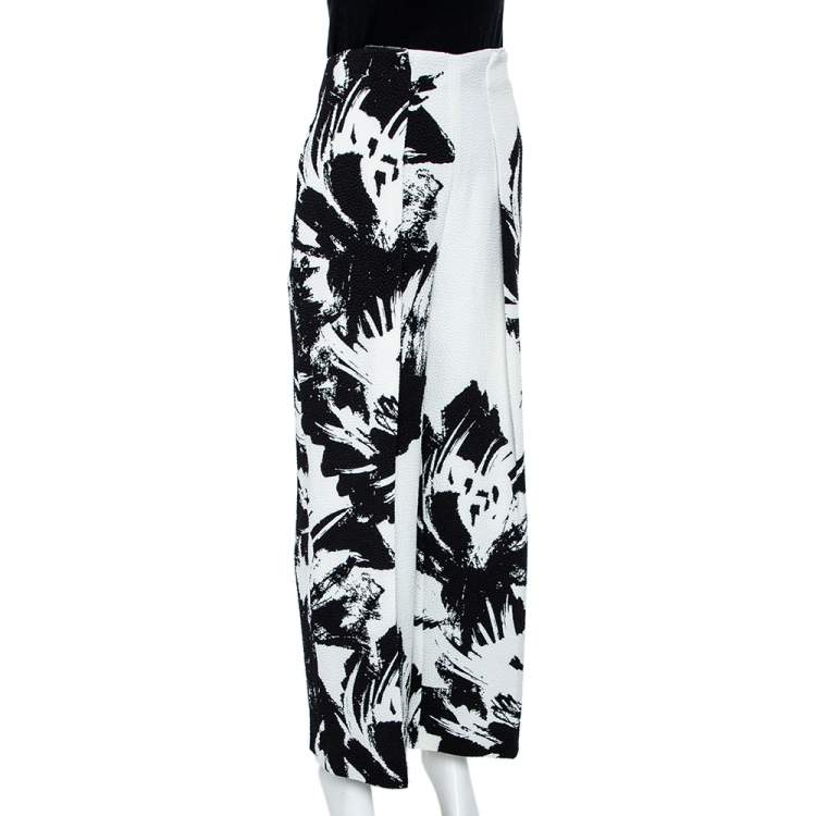 Pre Owned Roland Mouret Monochrome Printed Cloque Pleated Wide Leg Meltham Pants M 