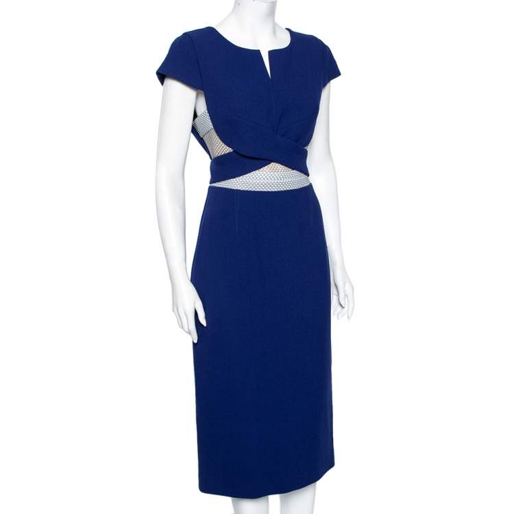 Pre Owned Roland Mouret Royal Blue Wool Crepe Honeycomb Mesh Trim Kitero Dress L