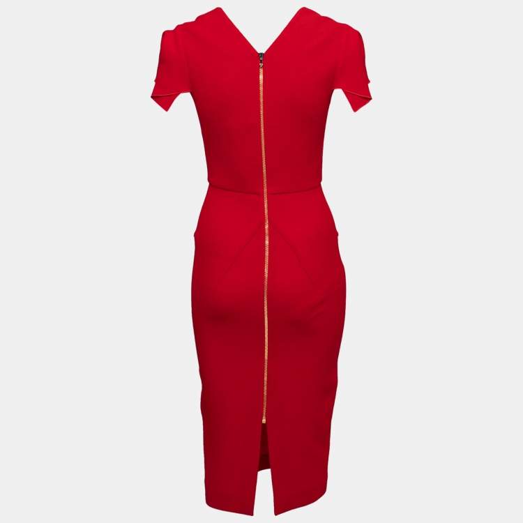 Pre Owned Roland Mouret Red Textured Wool Royston Cap Sleeve Dress M