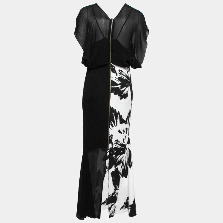 Pre Owned Roland Mouret Monochrome Floral Jacquard Crepe Draped Dress M
