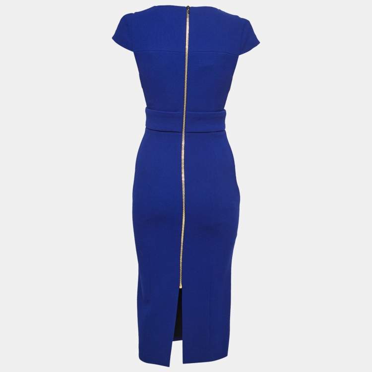 Pre Owned Roland Mouret Royal Blue Crepe Honeycomb Mesh Midi Dress S