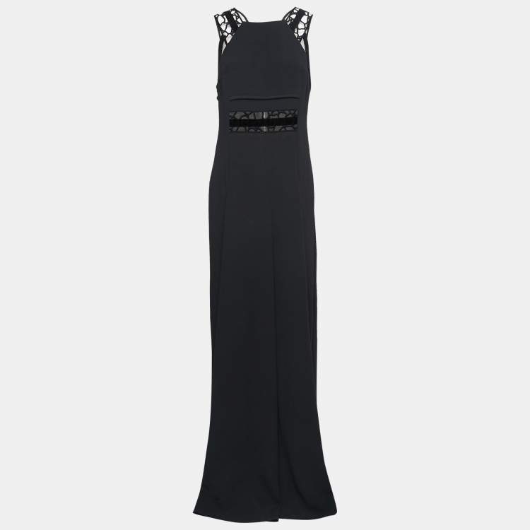 Pre Owned Roland Mouret Black Crepe Lace Inset Vasall Long Dress L