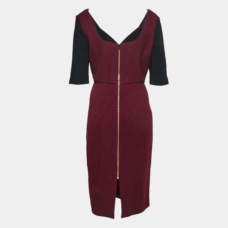 Pre Owned Roland Mouret Burgundy Jacquard Knit Axele Midi Dress XL