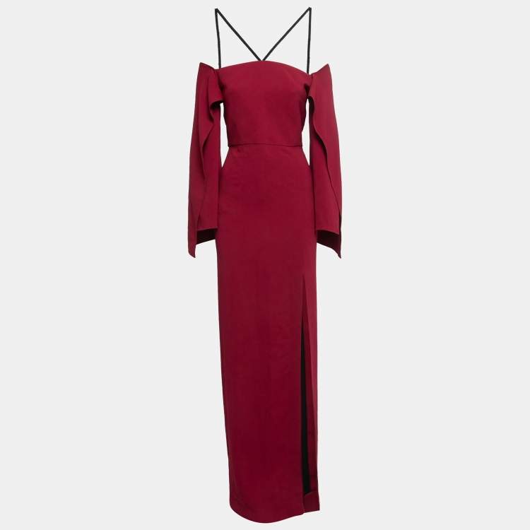 Pre Owned Roland Mouret Burgundy Crepe Ruffle Sleeve Slit Detail Cheveley Gown M