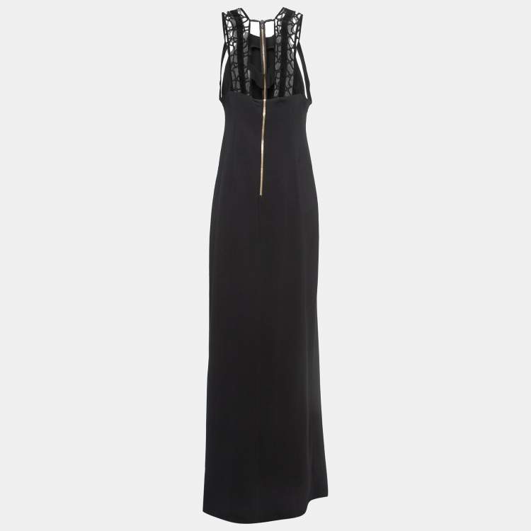 Pre Owned Roland Mouret Black Crepe Lace Embellished Strap Gown L