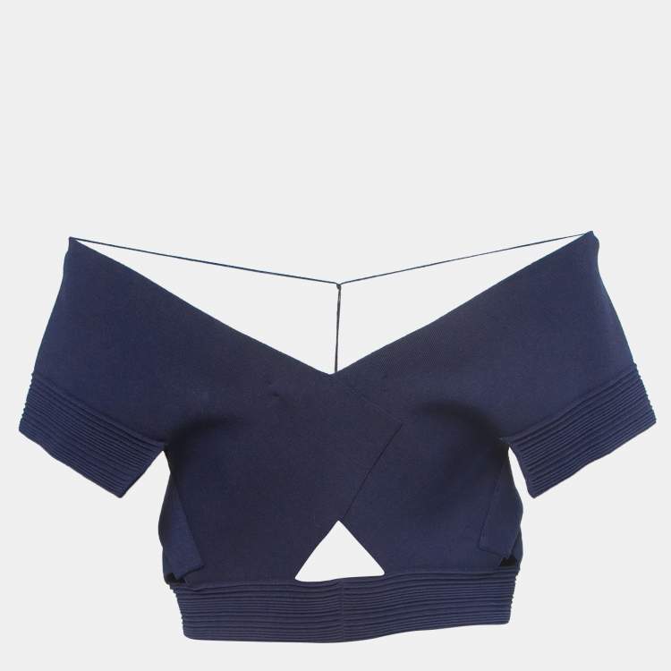 Pre Owned Roland Mouret Navy Blue Knit Cut-Out Detail Off-Shoulder Crop Top L