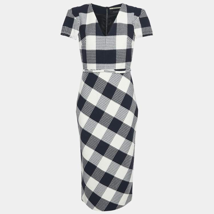 Pre Owned Roland Mouret Blue Chaney Checks Cotton Midi Dress M