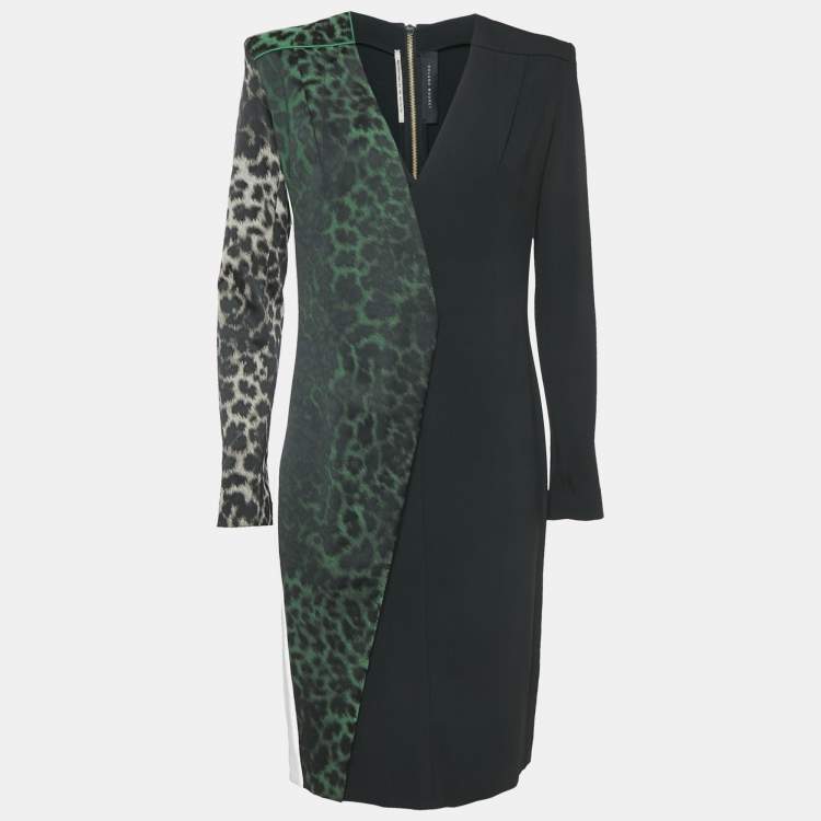 Pre Owned Roland Mouret Black/Green Leopard Print Crepe Sheath Dress M
