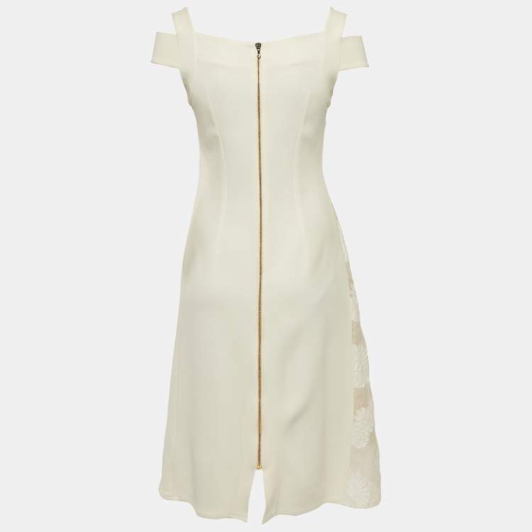 Pre Owned Roland Mouret Off White Cotton & Crepe Stretch Floral Applique Midi Dress M 