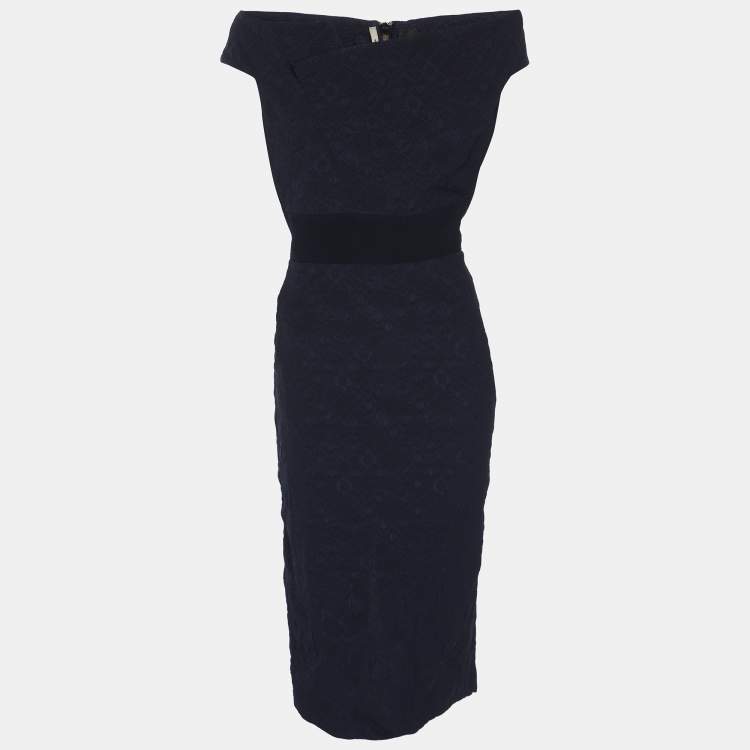 Pre Owned Roland Mouret Navy Blue Jacquard Off-Shoulder Bodycon Dress L