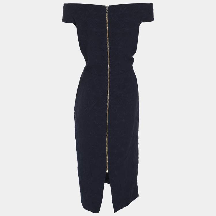 Pre Owned Roland Mouret Navy Blue Jacquard Off-Shoulder Bodycon Dress L