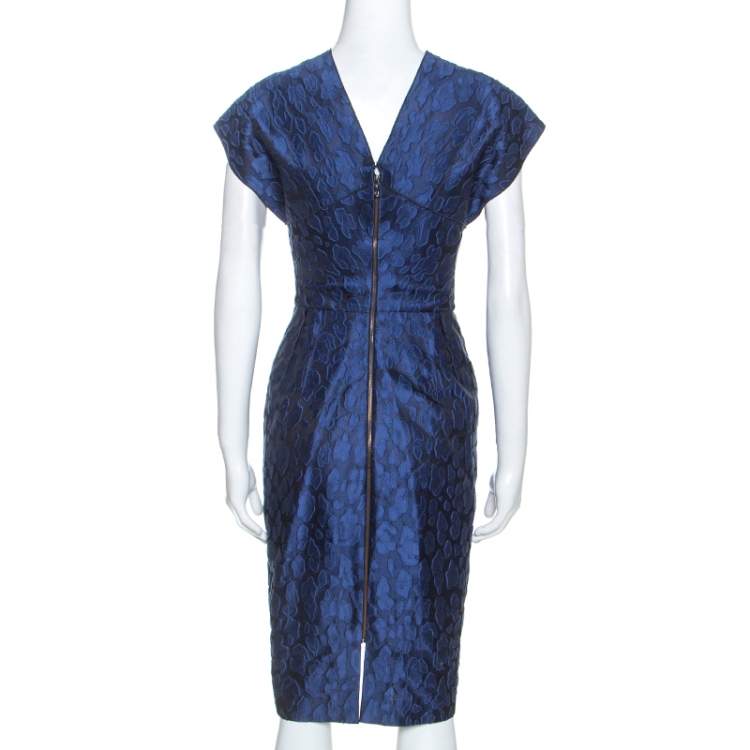 Pre Owned Roland Mouret Navy Blue Mirah Jacquard Cotton Silk Midi Dress S