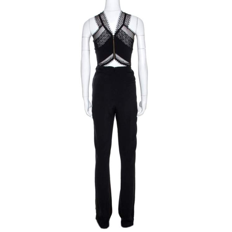 Pre Owned Roland Mouret Black Stretch Crepe & Lace Insert Sleeveless Jumpsuit L 