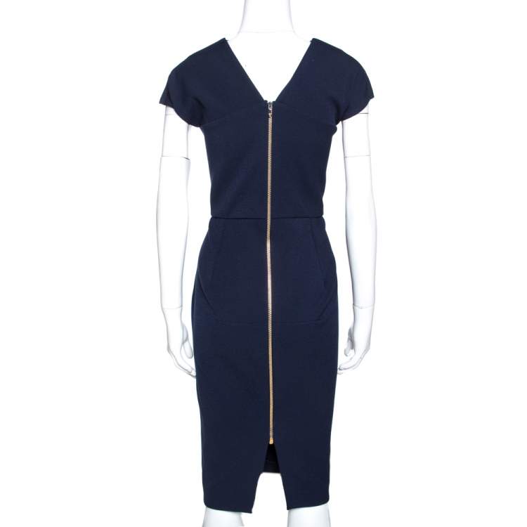 Pre Owned Roland Mouret Navy Blue Wool Crepe Sheath Dress L 