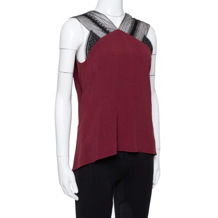 Pre Owned Roland Mouret Limited Edition Burgundy Crepe Lace Trim Dave Top S 