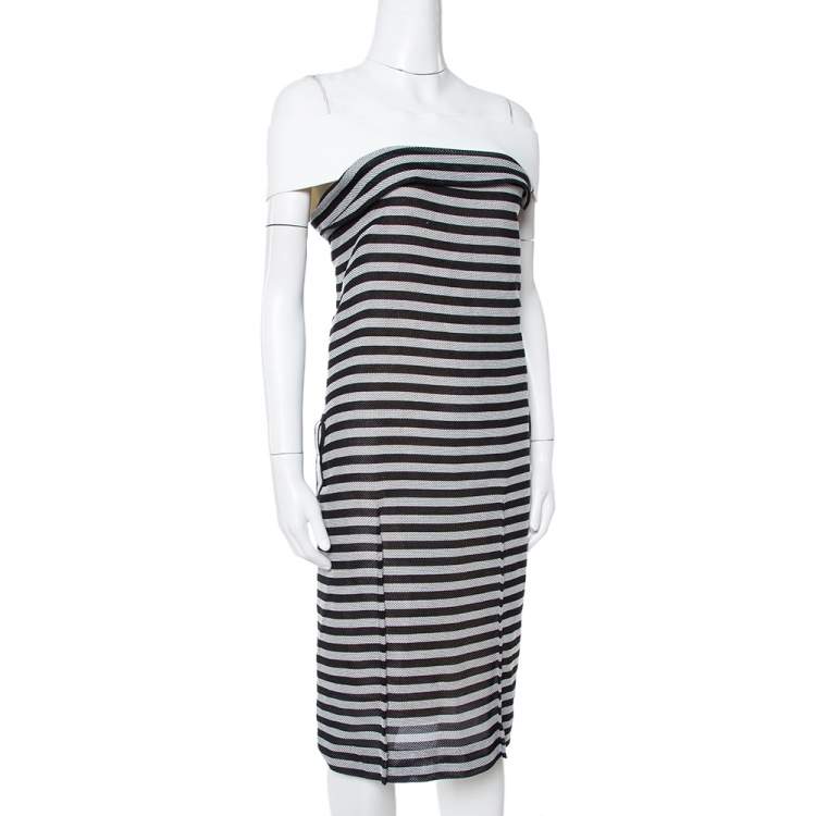 Pre Owned Roland Mouret Monochrome Striped Cotton Basketweave Layan Dress M