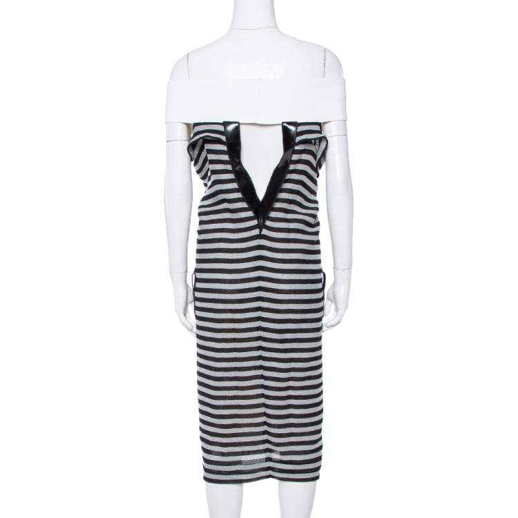 Pre Owned Roland Mouret Monochrome Striped Cotton Basketweave Layan Dress M