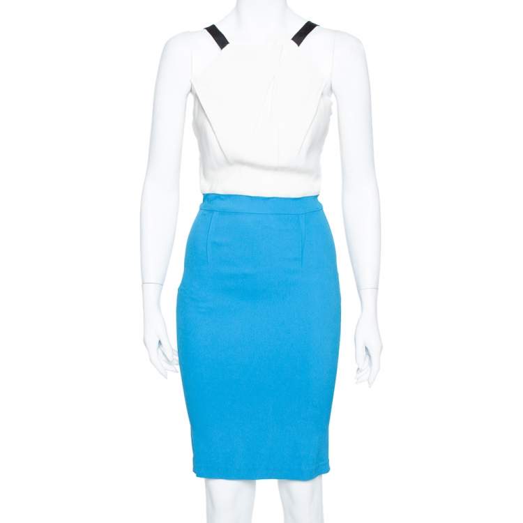 Pre Owned Roland Mouret Limited Edition Blue & White Crepe Sleeveless Sheath Dress M