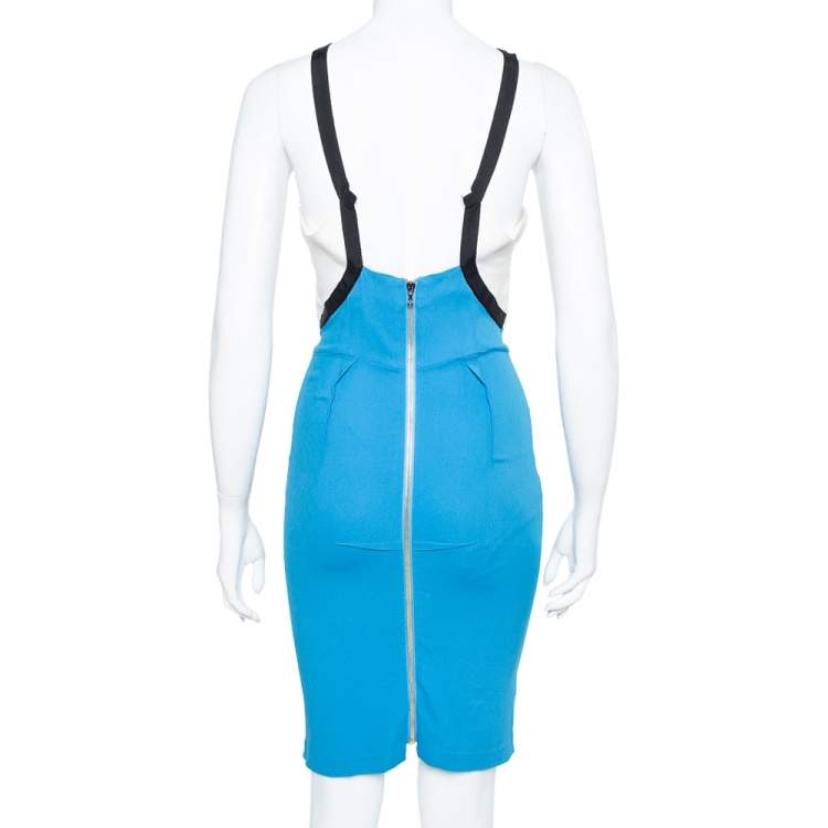 Pre Owned Roland Mouret Limited Edition Blue & White Crepe Sleeveless Sheath Dress M