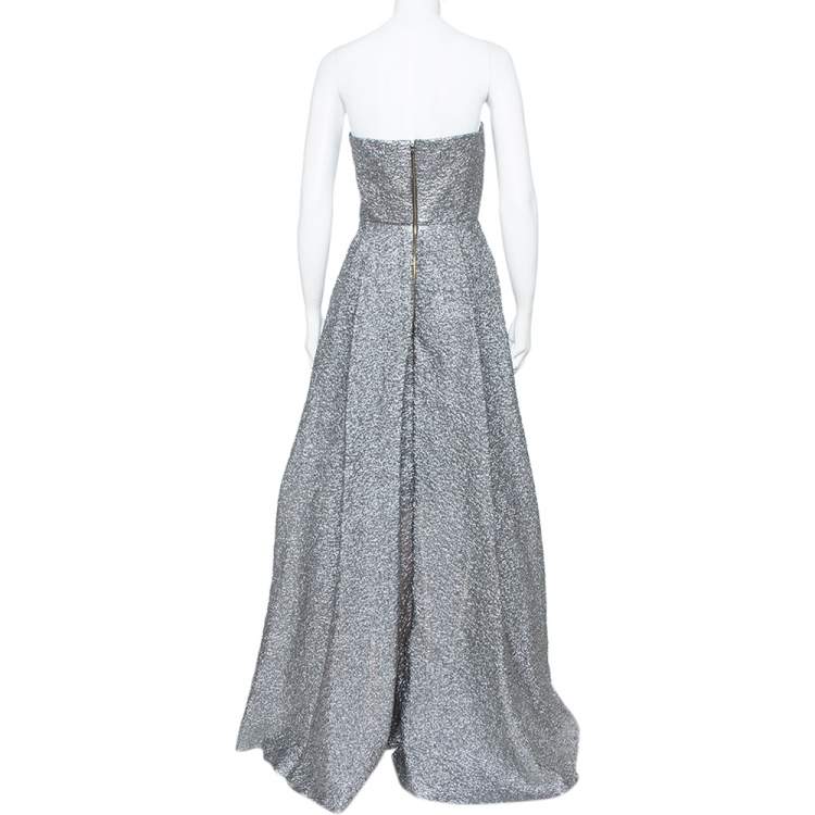 Pre Owned Roland Mouret Silver Crushed Organza Silk Panelled Strapless Lucia Gown M