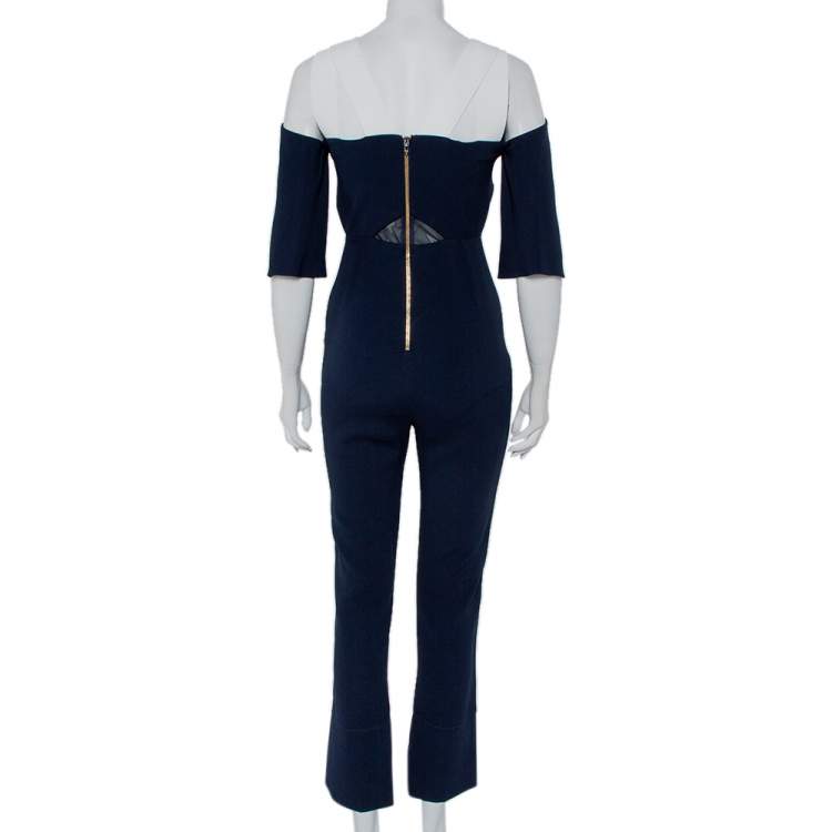 Pre Owned Roland Mouret Navy Blue Crepe Contrast Trim Cold Shoulder Jumpsuit S