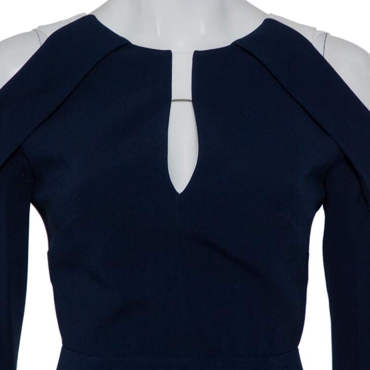 Pre Owned Roland Mouret Navy Blue Crepe Contrast Trim Cold Shoulder Jumpsuit S