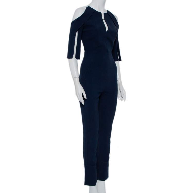 Pre Owned Roland Mouret Navy Blue Crepe Contrast Trim Cold Shoulder Jumpsuit S
