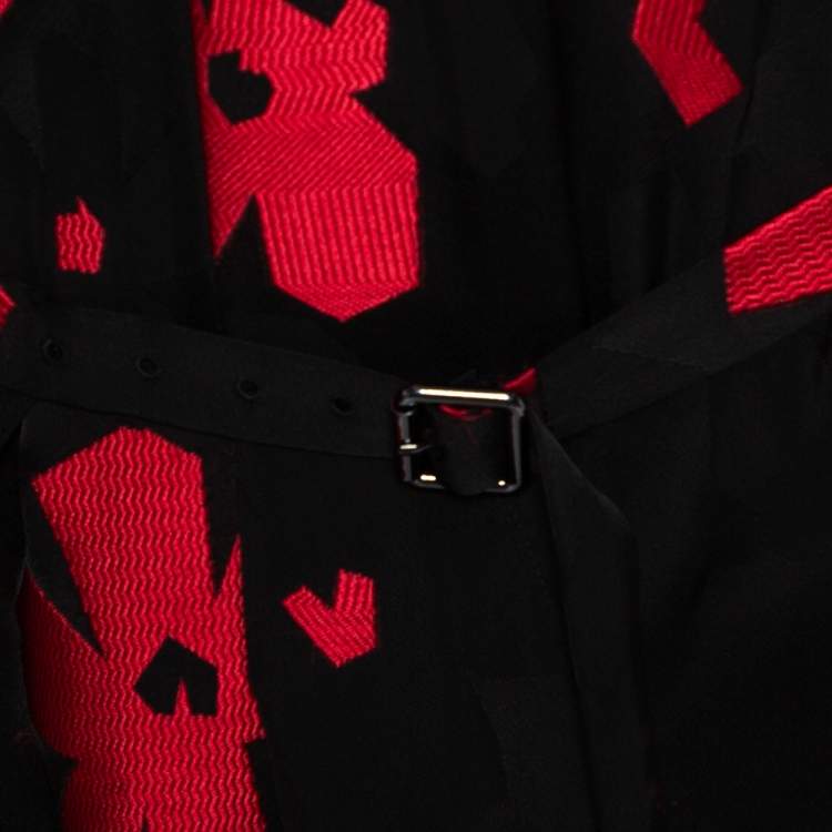 Pre Owned Roland Mouret Black & Red Floral Jacquard Belted Layered Dress M
