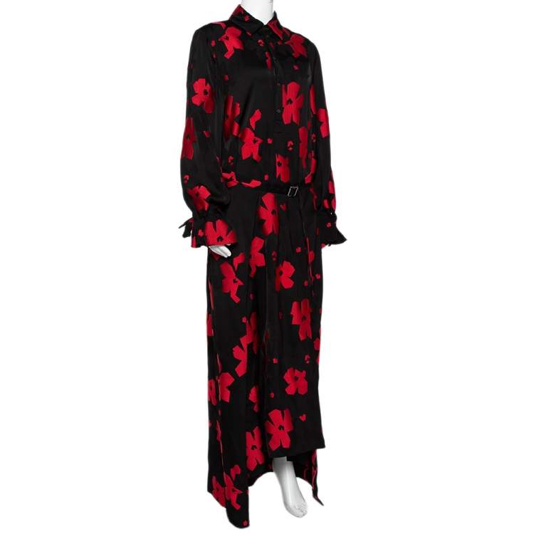 Pre Owned Roland Mouret Black & Red Floral Jacquard Belted Layered Dress M