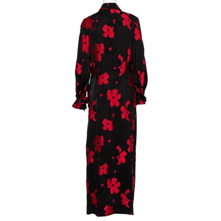 Pre Owned Roland Mouret Black & Red Floral Jacquard Belted Layered Dress M