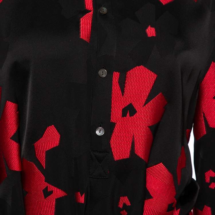 Pre Owned Roland Mouret Black & Red Floral Jacquard Belted Layered Dress M