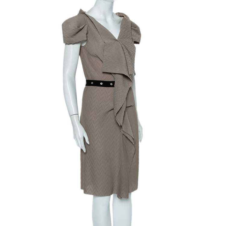 Pre Owned Roland Mouret Beige Crepe Draped Effect Belted Midi Dress M