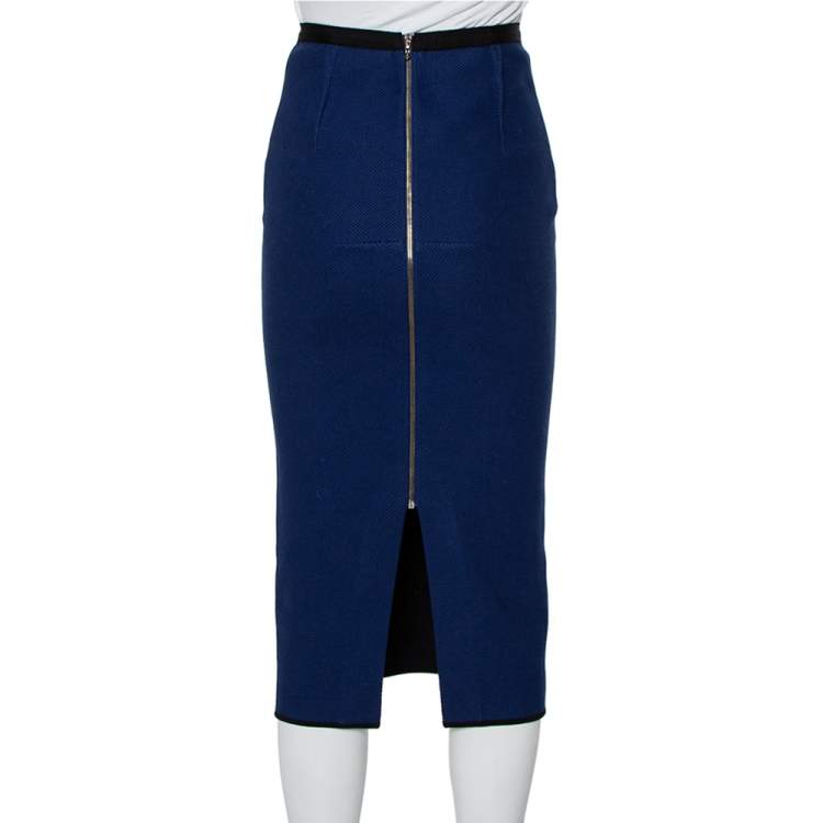 Pre Owned Roland Mouret Navy Blue Textured Cotton Pencil Skirt S