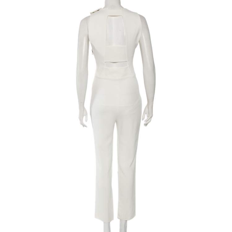Pre Owned Roland Mouret White Crepe Draped Neck Shoulder Button Jumpsuit M