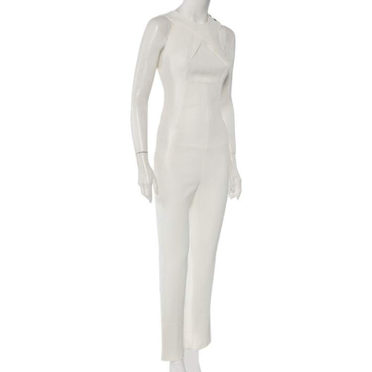 Pre Owned Roland Mouret White Crepe Draped Neck Shoulder Button Jumpsuit M