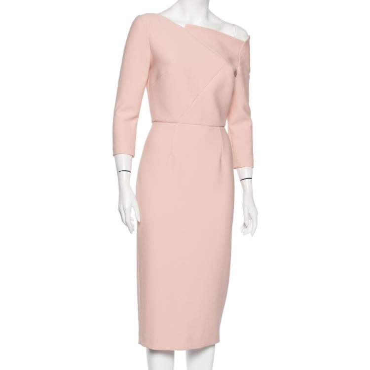 Pre Owned Roland Mouret Pink Crepe Asymmetric Neck Detail Midi Dress M 