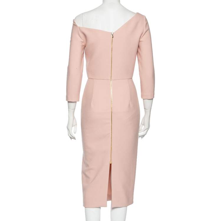 Pre Owned Roland Mouret Pink Crepe Asymmetric Neck Detail Midi Dress M 