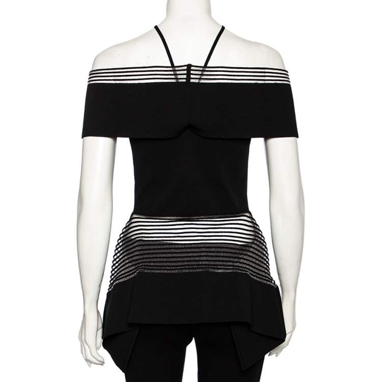 Pre Owned Roland Mouret Black Knit Mesh Inset Detailed Asymmetrical Peplum Top M